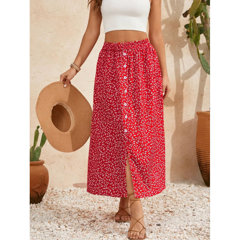Damen Maxirock mit floralem Design und Knopfdetails EB