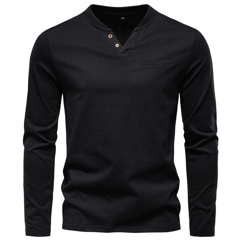 Herren nan tailliertes Langarmshirt im Henley-Stil mit kurzem V-Ausschnitt, Zierknöpfen und Brustleistentasche EB