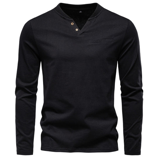 Herren nan tailliertes Langarmshirt im Henley-Stil mit kurzem V-Ausschnitt, Zierknöpfen und Brustleistentasche EB