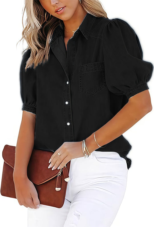 Damen lässige Denim-Bluse mit ballonärmel und praktischer Brusttasche EB