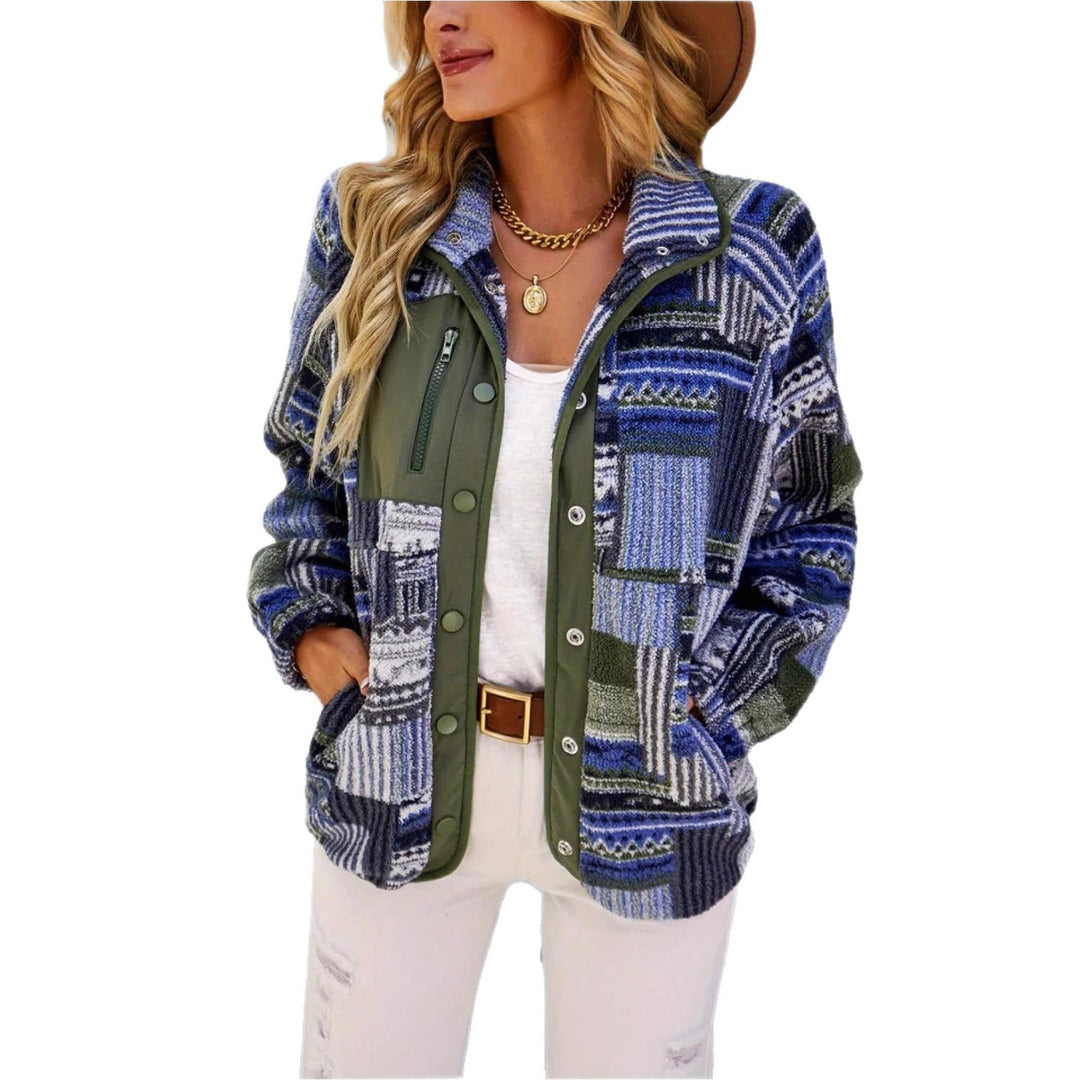 Damen Gemusterte Plüschjacke mit hohem Kragen und Druckknopfverschluss EB