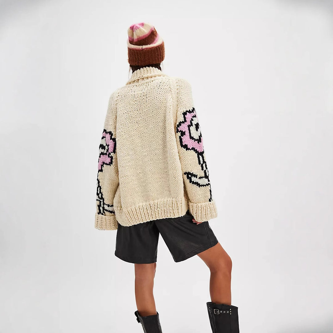 Damen Oversized Grobstrick-Cardigan mit Schalkragen, Blumenintarsien & Knopfleiste EB