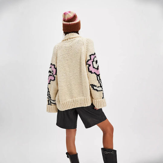 Damen Oversized Grobstrick-Cardigan mit Schalkragen, Blumenintarsien & Knopfleiste EB