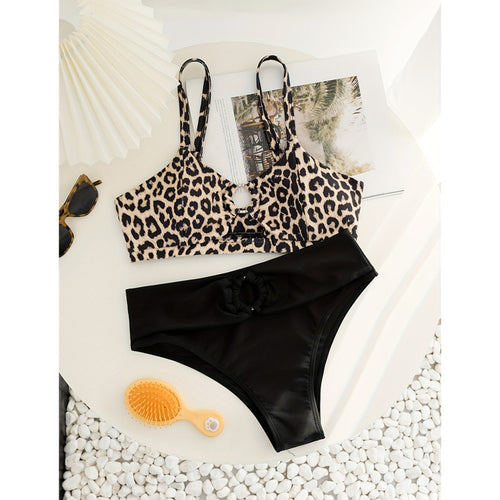 Damen Triangel-Bikini-Set mit modischem Tiermuster und knotendem Höschen EB