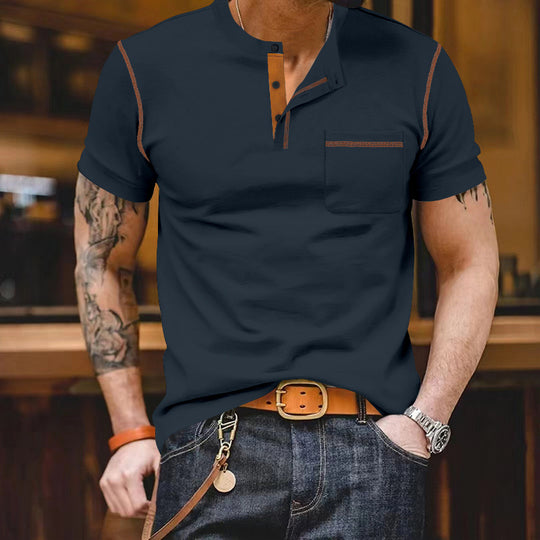 Herren nan urbanes Kurzarmshirt mit Stehkragen, halber Knopfleiste und Brusttasche EB