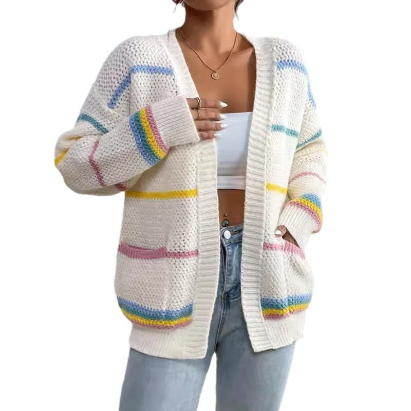 Damen gemütlicher Strickcardigan mit bunten Streifen EB