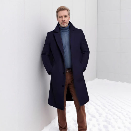 Herren nan langer Wollmixmantel mit Boucléstruktur, taillierter Silhouette und klassischem Revers EB