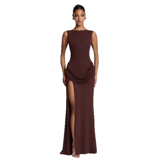 Damen Elegantes Maxikleid mit raffinierter Drapierung und hoch schlitzendem Design EB