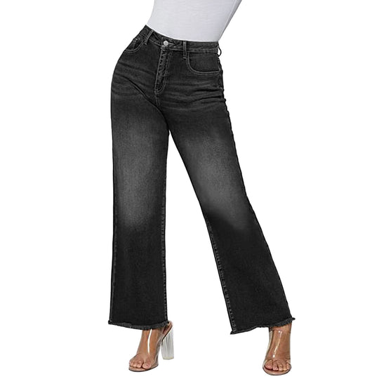 Damen nan weite knöchellange Jeans mit hohem Bund und rohem Saum EB