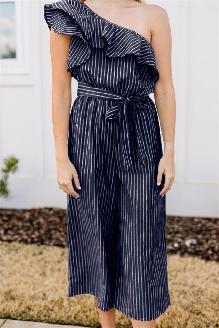 Damen Wickel-Jumpsuit mit asymmetrischem Träger und voluminösen Rüschen EB