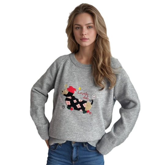 Damen Pullover mit tierischem Motiv und dekorativen Stickereien EB