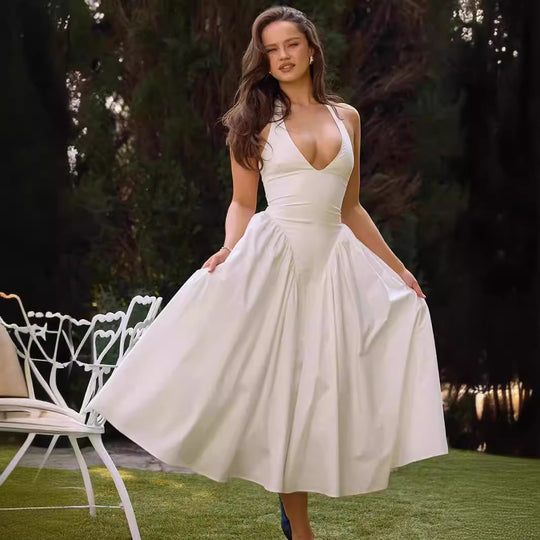 Damen Elegantes Kleid mit tiefem V-Ausschnitt und voluminösem Rock EB