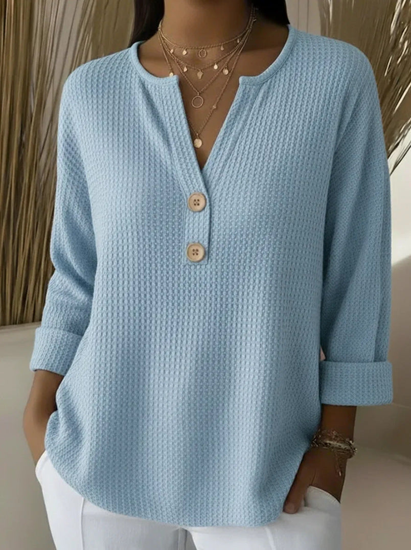 Damen nan Waffelstruktur Henley-Shirt mit V-Ausschnitt kurze Knopfleiste und krempelbaren 3/4-Ärmeln EB