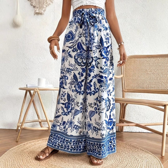 Damen Palazzohose mit buntem Print und elastischem Bund EB
