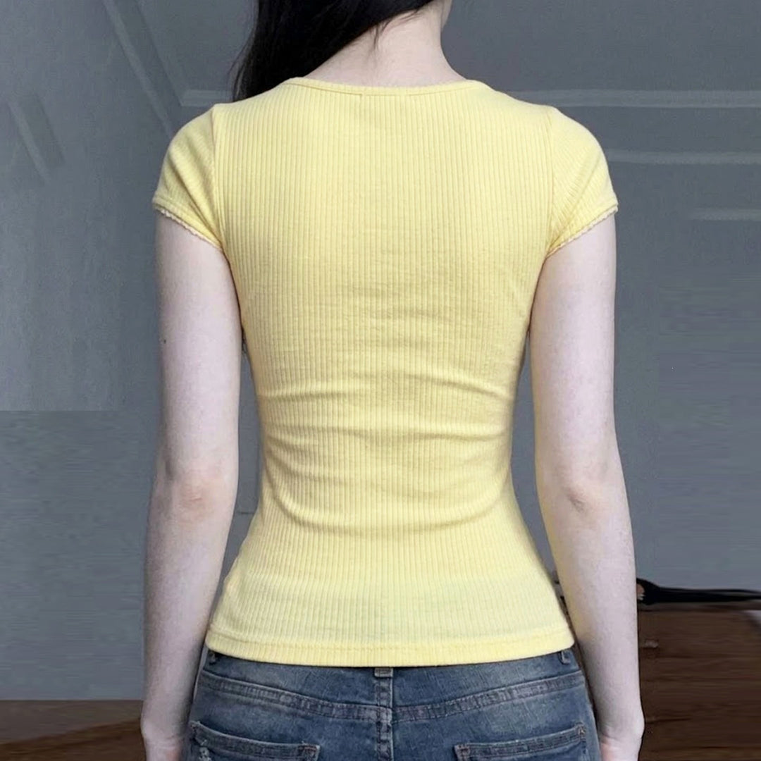 Damen Sexy Spitze Oberteil mit charmantem Dekolleté und feiner Rippstruktur EB