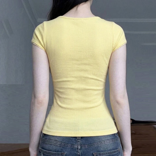 Damen Sexy Spitze Oberteil mit charmantem Dekolleté und feiner Rippstruktur EB