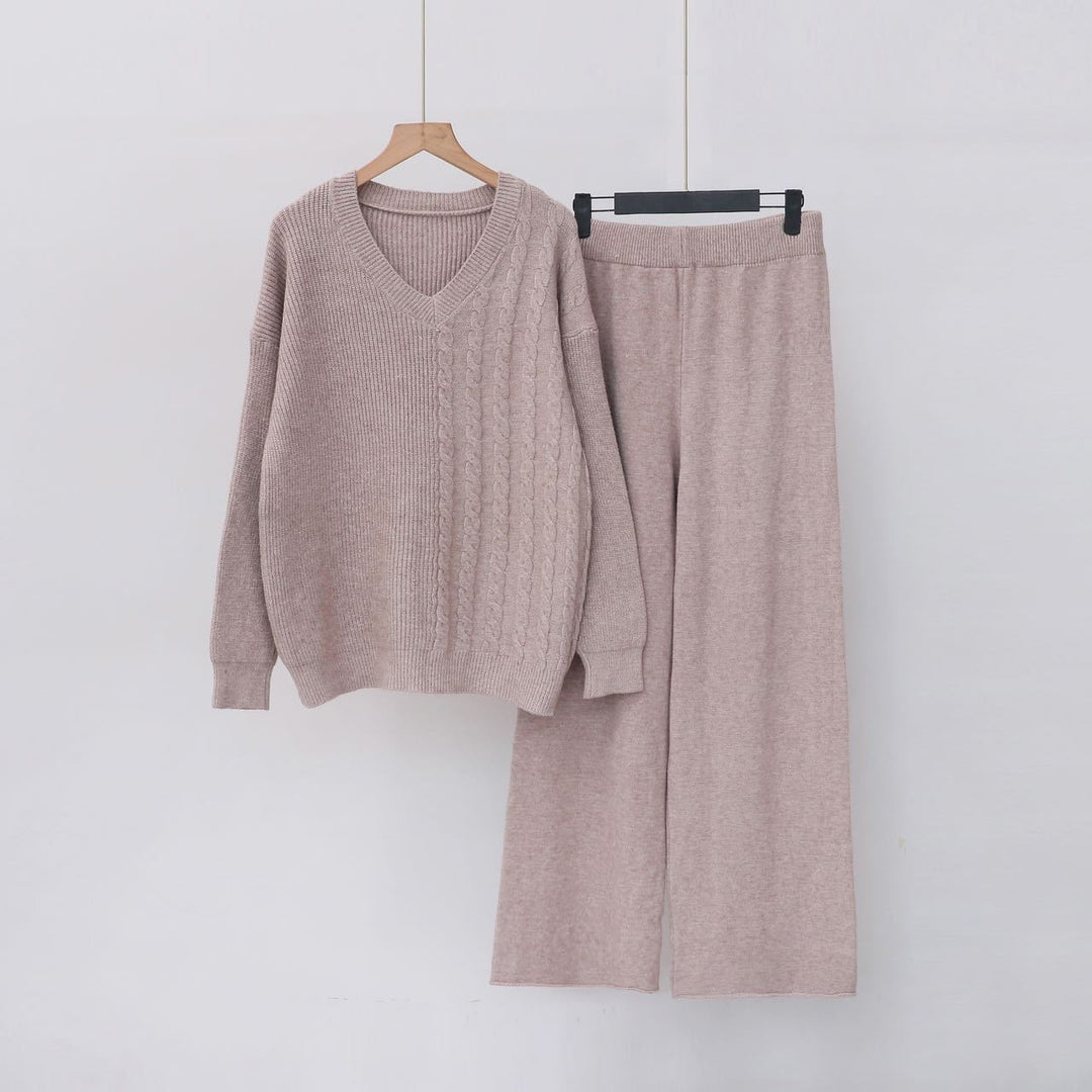 Damen Kuscheliges Strickensemble mit V-Ausschnitt und weitem Bein EB