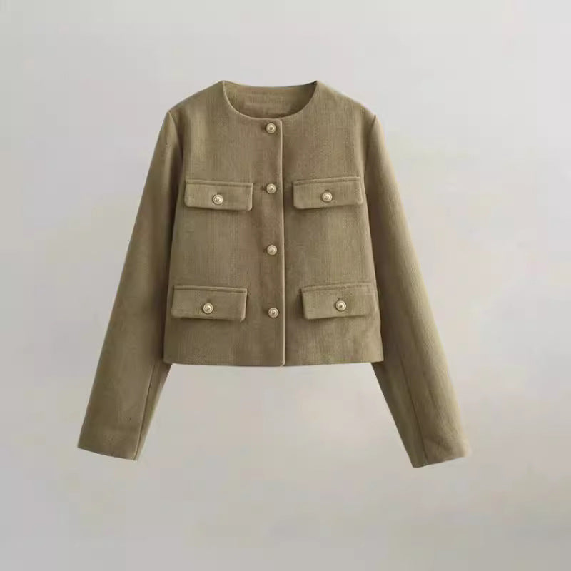 Damen kurzärmlige Utility-Jacke mit aufgesetzten Taschen und dekorativen Knöpfen EB