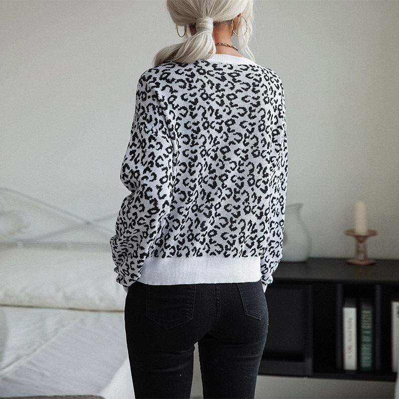 Damen Gemusterter Strickpullover mit Leopardenmuster EB