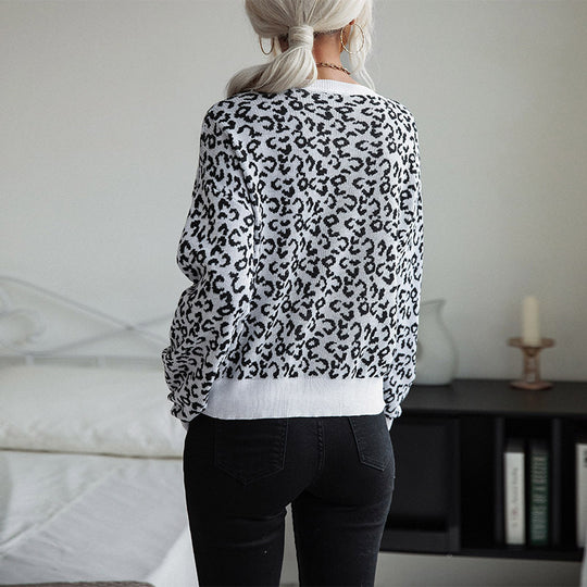 Damen Gemusterter Strickpullover mit Leopardenmuster EB