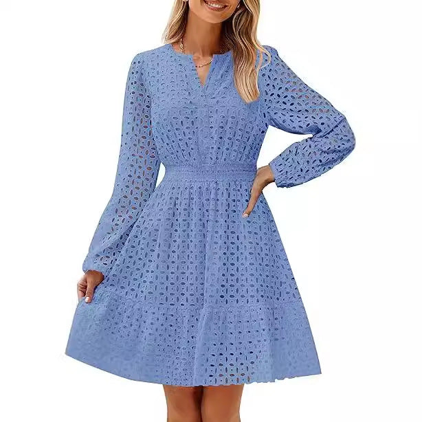 Damen luftiges Blusenkleid mit dekorativem Lochmuster und kräftigen Ärmel EB