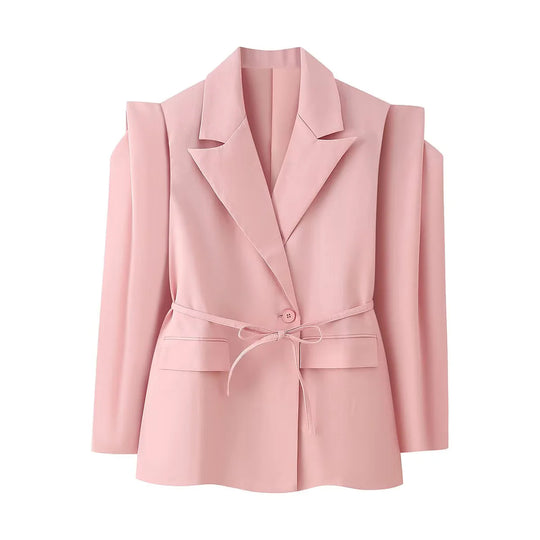 Damen elegante Oversized-Blazerjacke mit Gürtel und Schulterpolstern EB