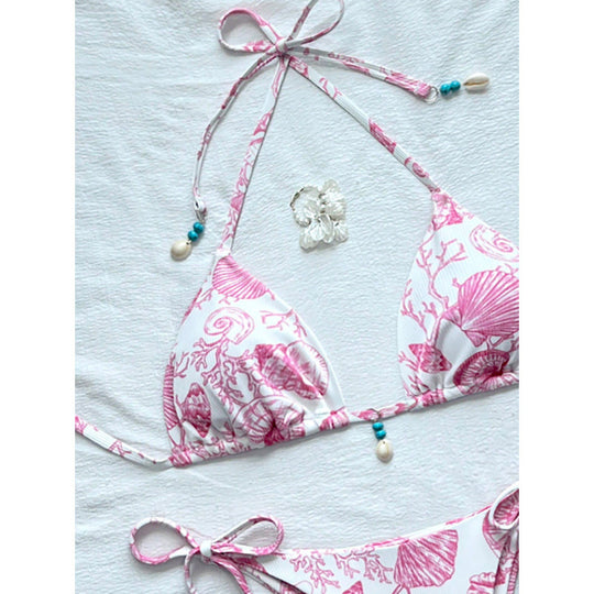 Damen Triangel-Bikini mit verspieltem Muschelmuster und schicker Knotendetail EB