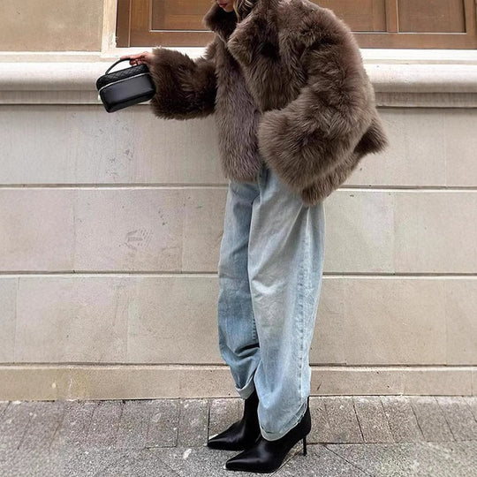 Damen Luxus Kunstfelljacke mit breitem Kragen EB