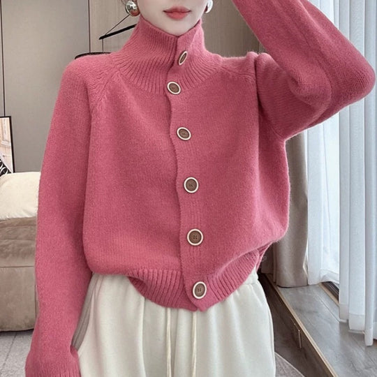 Damen kuscheliger Hochkragen-Cardigan mit Knopfdetails EB