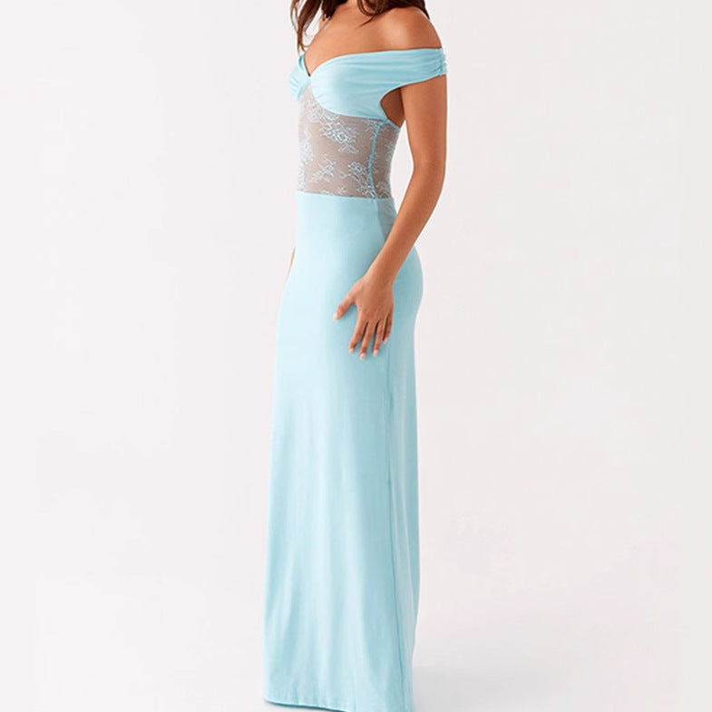 Damen Elegantes Off-Shoulder Maxikleid mit transparentem Spitzen-Oberteil und schmalem elastischem Saum EB