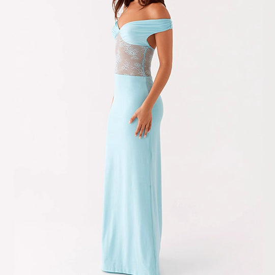 Damen Elegantes Off-Shoulder Maxikleid mit transparentem Spitzen-Oberteil und schmalem elastischem Saum EB