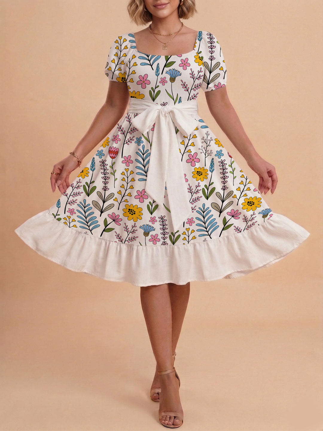 Damen Sommerkleid mit floralem Puffärmel und taillierbarem Gürtel EB