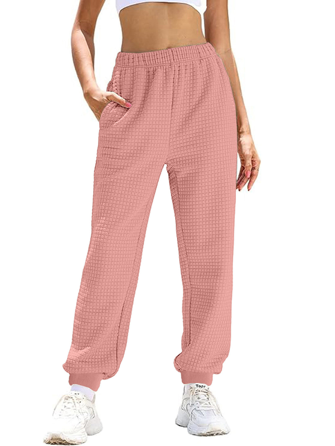 Damen Lässige Waffelstrick-Loungehose mit hohem Elastikbund und Bündchen EB