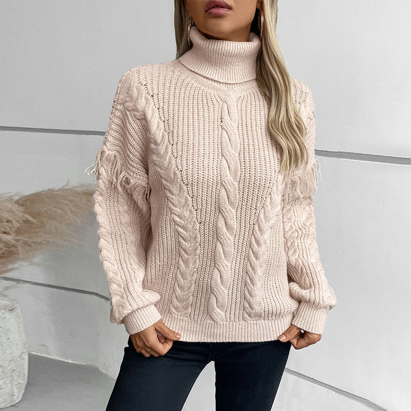 Damen Strickpullover mit hohem Kragen und Zopfmuster EB