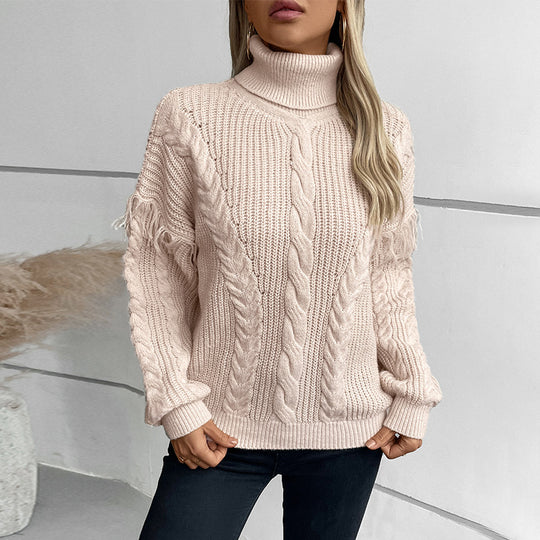 Damen Strickpullover mit hohem Kragen und Zopfmuster EB