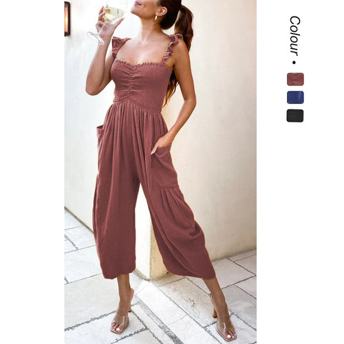 Damen Lässiger Jumpsuit mit frillenden Trägern und praktischen Taschen EB