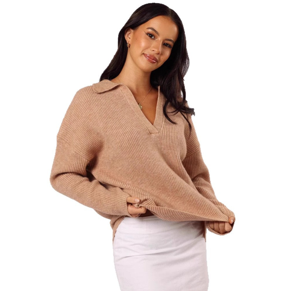 Damen lässiger Strickpullover mit modernem V-Ausschnitt und weit geschnittenen Ärmeln EB