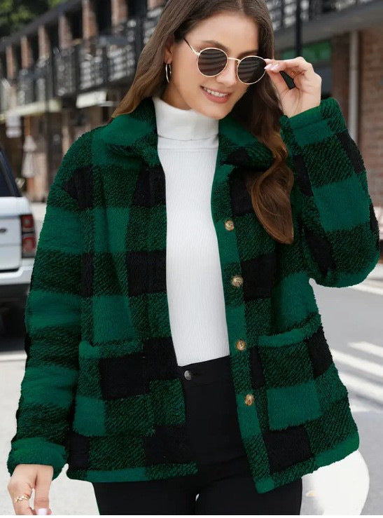 Damen nan gefütterte Karo Teddy-Fleece Shacket mit Knopfleiste und aufgesetzten Taschen EB