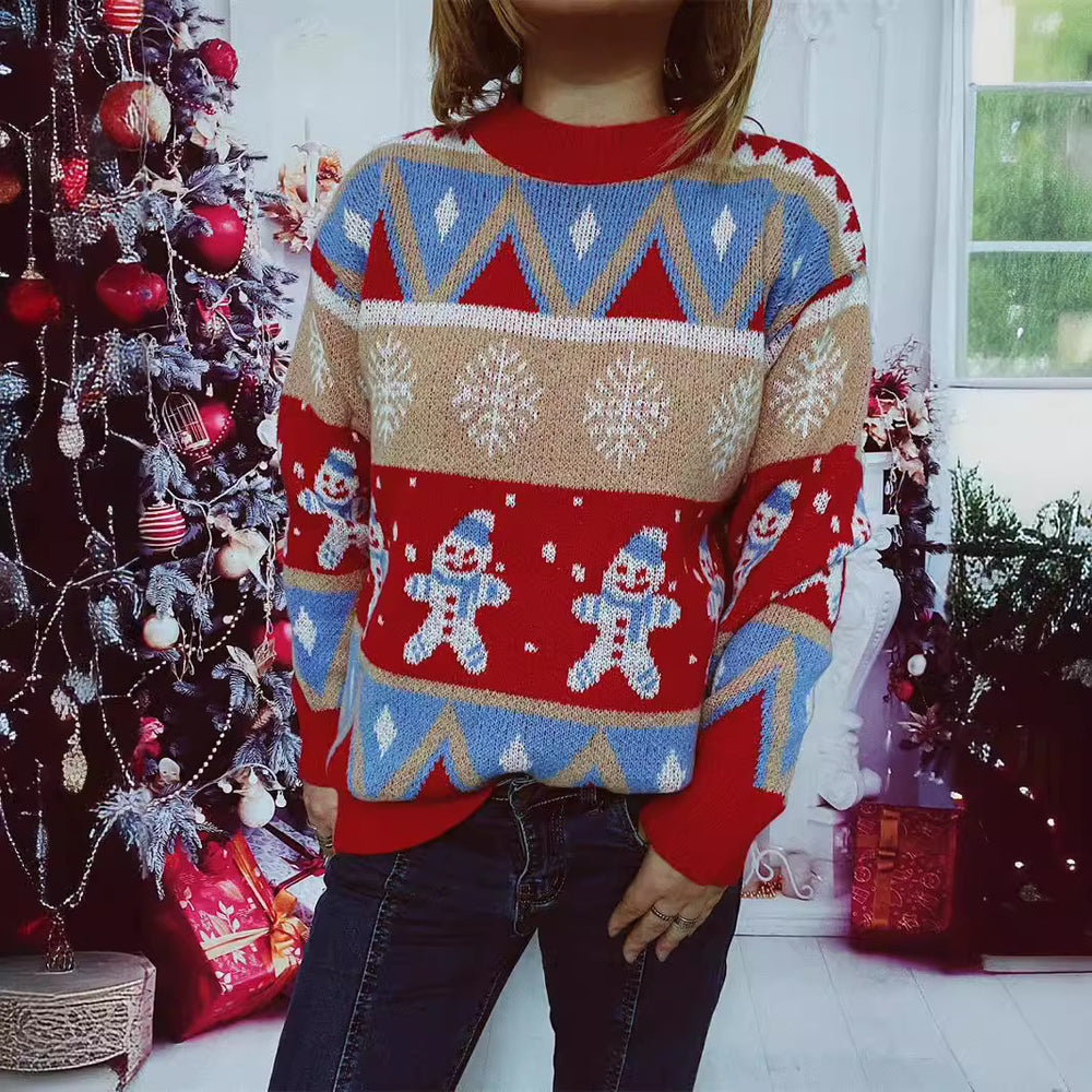 Damen Festlicher Strickpullover mit fröhlichem Weihnachtsmotiv und lässigem Schnitt EB