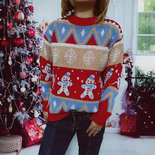 Damen Festlicher Strickpullover mit fröhlichem Weihnachtsmotiv und lässigem Schnitt EB