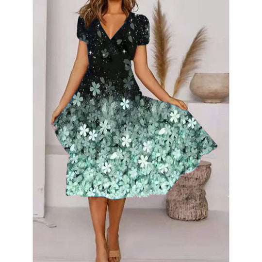 Damen A-Linie Sommerkleid mit V-Ausschnitt und floralen Akzenten EB