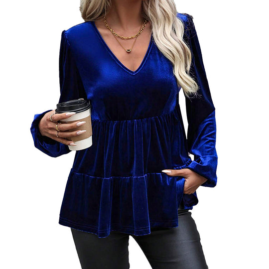 Damen samtiges Volant‑Peplum‑Top mit V‑Ausschnitt, geraffter Taille und langen Ballonärmeln Eichborn Berlin
