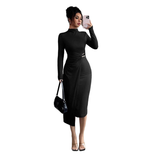 Damen nan figurbetontes Midikleid mit Stehkragen, Taillenraffung und asymmetrischem Saum EB