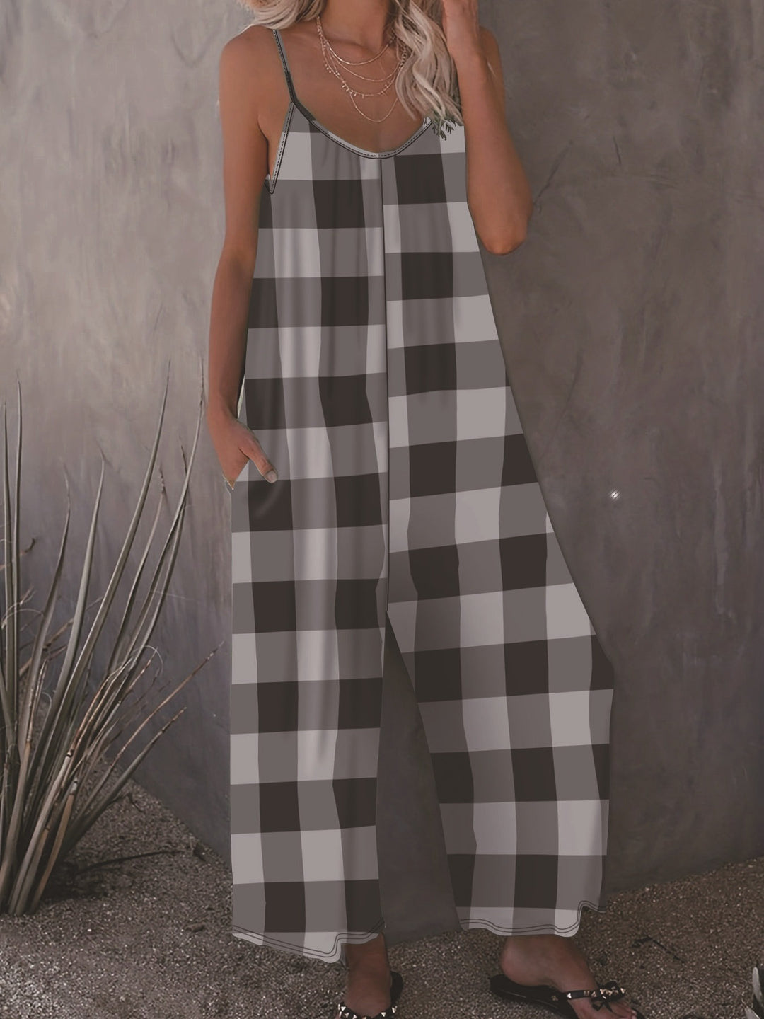 Damen Lässiger Jumpsuit im karierten Design mit praktischen Taschen EB