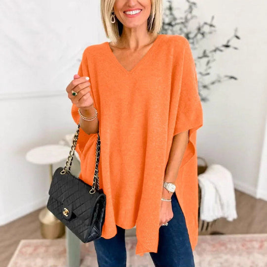 Damen lässiger Strickponcho mit V-Ausschnitt und übergroßem Schnitt EB
