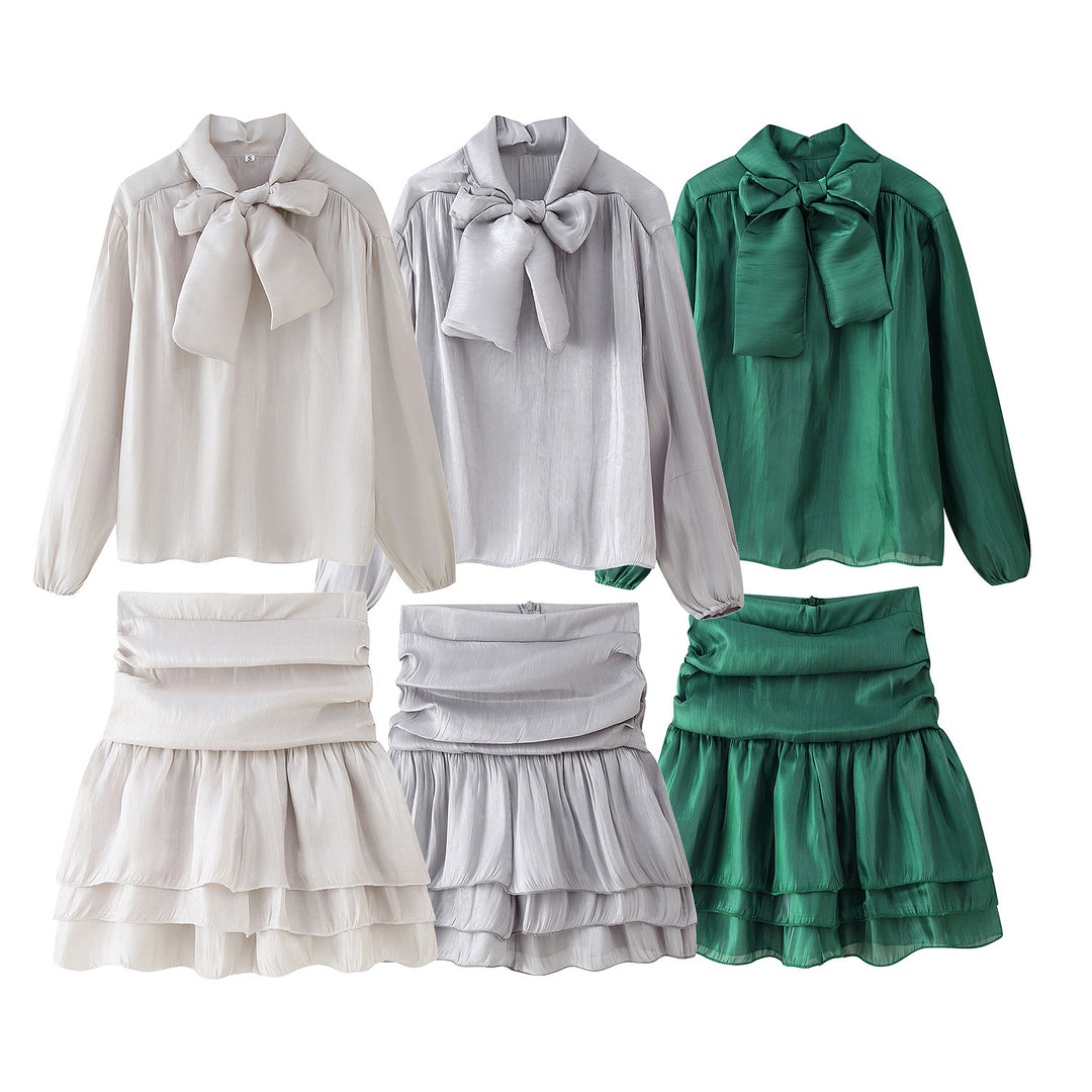 Damen Set aus eleganter Bluse mit Schleifendetail und voluminösem Rock EB