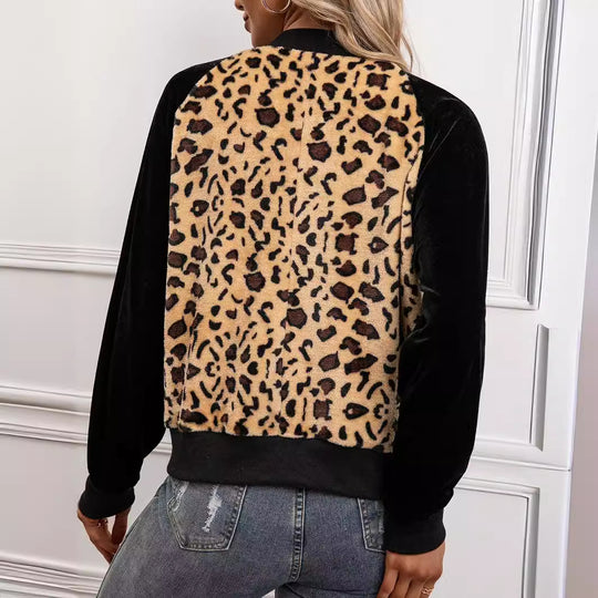 Damen elegante Bomberjacke mit Leopardenmuster und Veloursbesatz EB