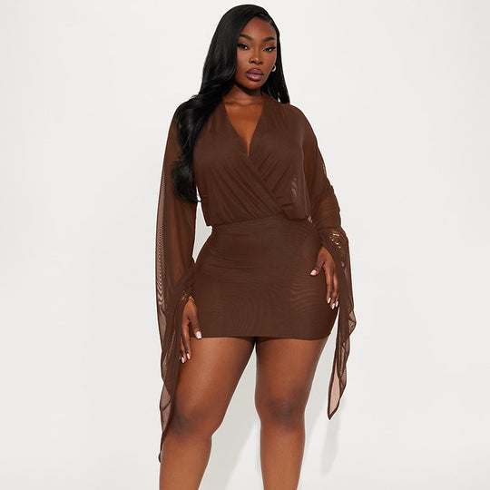 Damen Wickelkleid mit transparenten Ärmeln EB