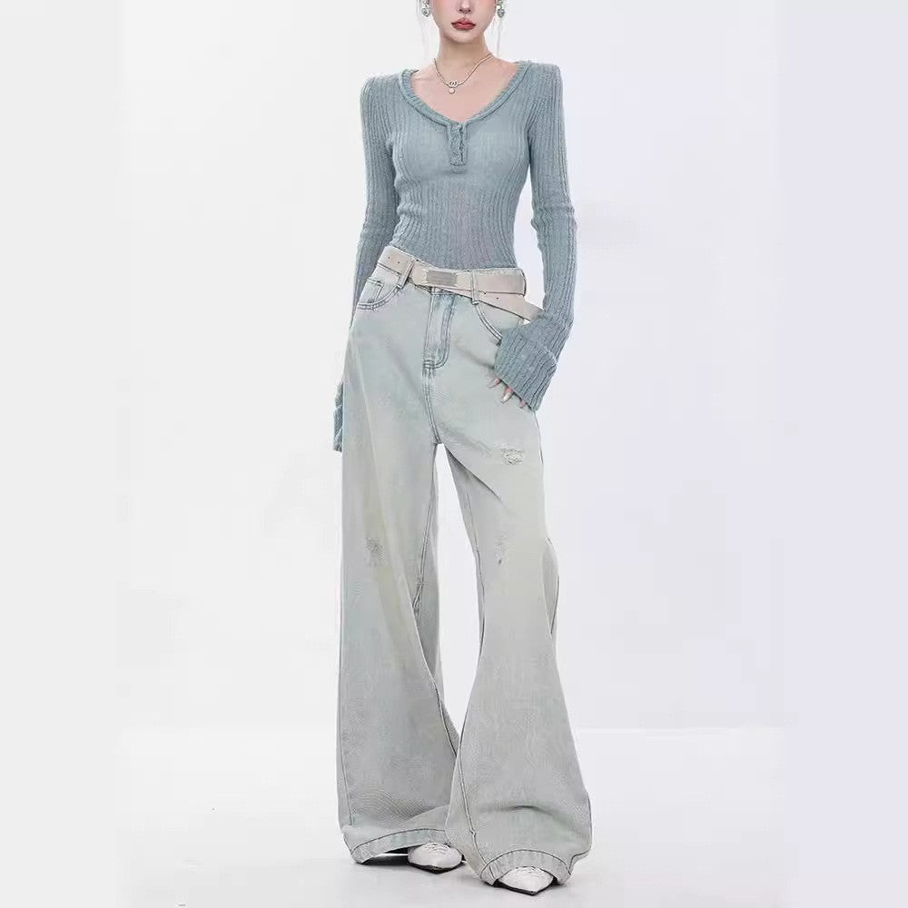 Damen Elegante Weitbein-Jeans mit modischen Akzentuierungen und hohem Bund EB