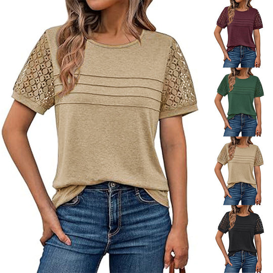 Damen luftiges T-Shirt mit attraktiven Häkelärmeln EB